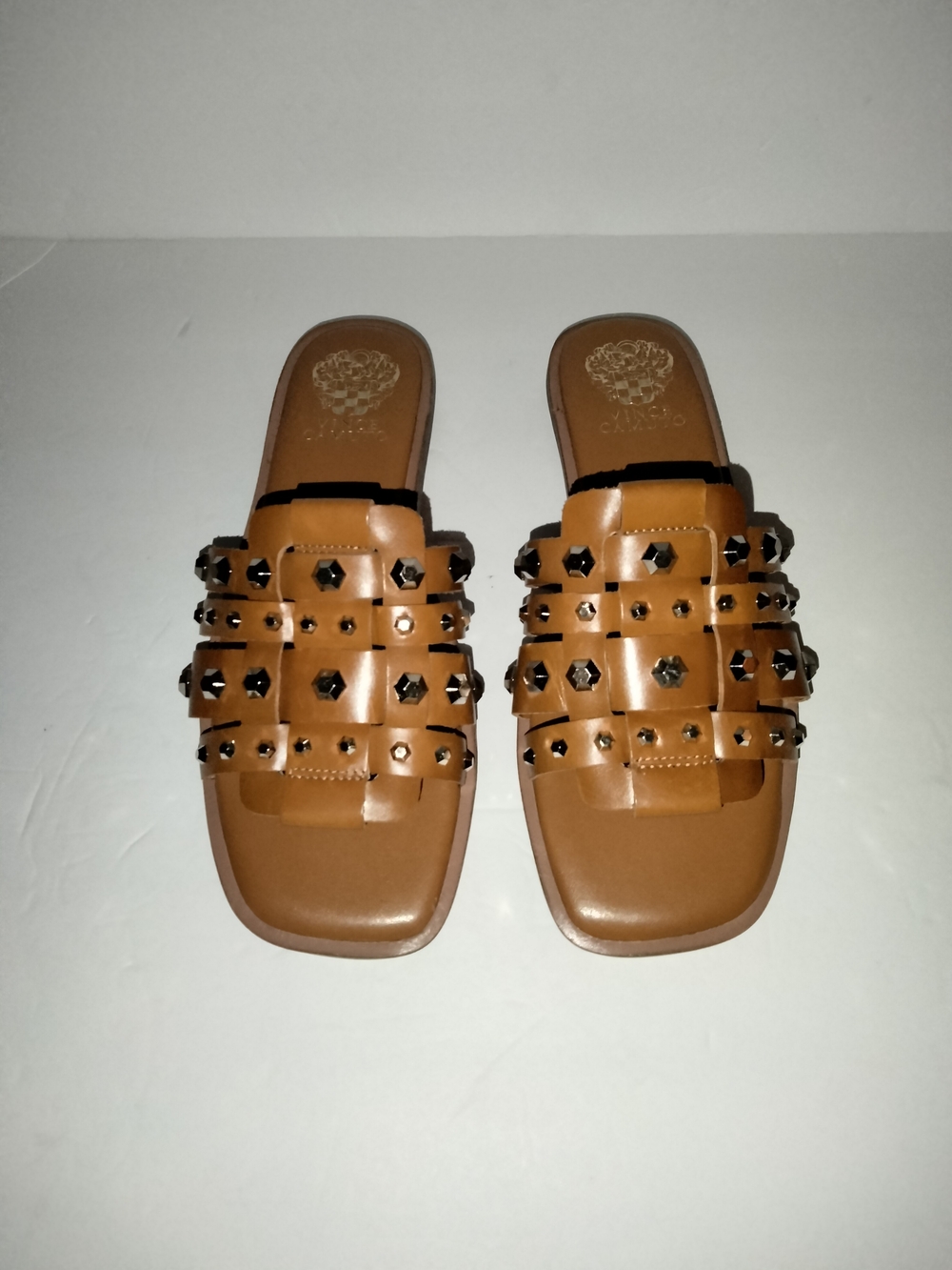 Vince Camuto Sz 8 Leather Studded Upper Tan Open Toe Slip-on Neverna Sandals